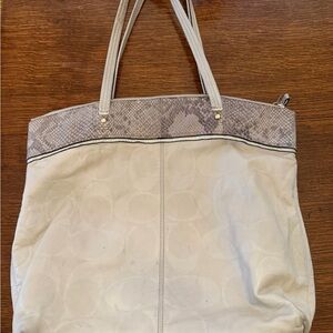 Coach Cream Leather Tote with Snakeskin-Trim Top